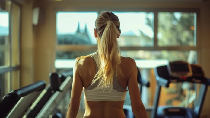 Elena in palestra, dove lavora il bulla che la scopa spesso. mentre il marito, Luca, guarda e può solo guardare.