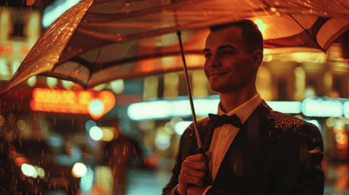 Un uomo elegante in smoking sorride sotto un ombrello bagnato in una strada cittadina illuminata da luci calde