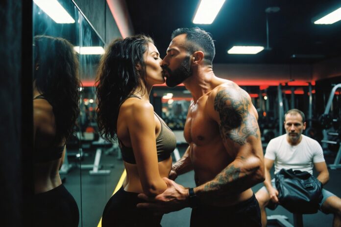 Bacio passionale in palestra sotto lo sguardo del marito Una coppia si bacia in palestra mentre un uomo osserva seduto sullo sfondo.