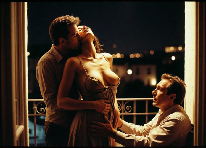 Un uomo bacia una donna in piedi su un balcone, mentre un altro uomo osserva seduto accanto a loro di notte.