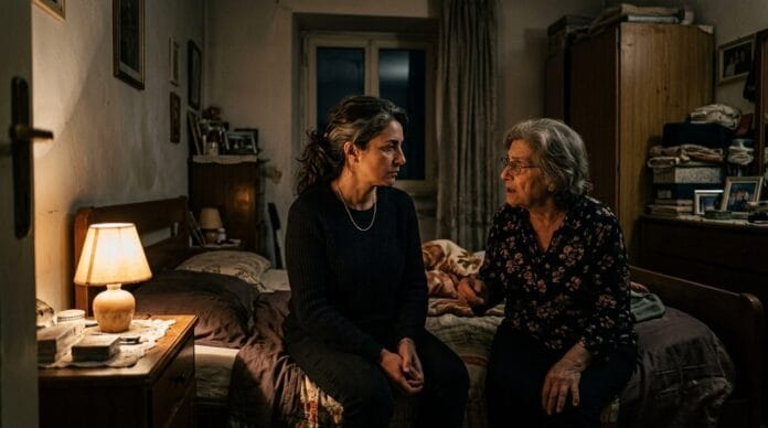 Due donne conversano sedute sul bordo di un letto in una camera da letto illuminata da una lampada da comodino.