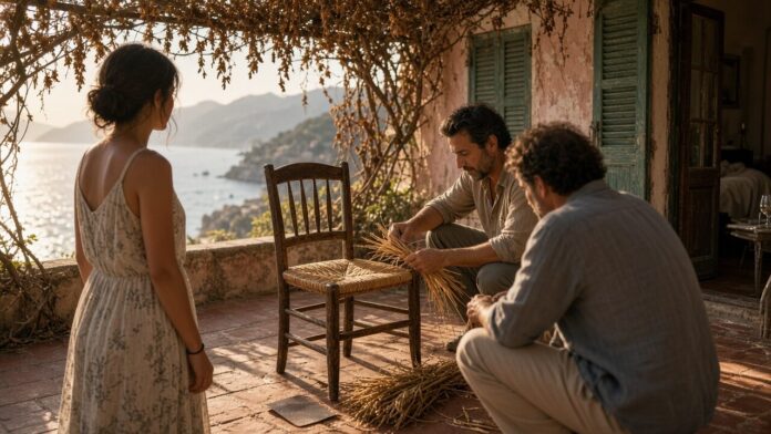 Una donna guarda due uomini seduti sulla terrazza di una casa affacciata sul mare, illuminati dalla luce del tramonto