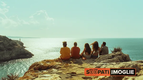 Un gruppo di persone sedute di spalle su una scogliera rocciosa osserva il mare illuminato dalla luce del sole.