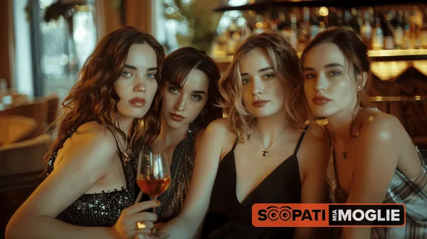 Quattro giovani donne in abito da sera posano insieme in un bar illuminato da luci calde.