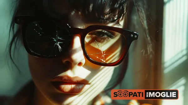 Primo piano ravvicinato di una donna che indossa occhiali da sole con le lenti frantumate illuminata dalla luce della finest.