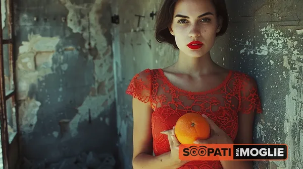 Giorgia, nel suo vestitino rosso traforato. Regge un'arancia tra le mani, mentre aspetta di essere scopata da Luca, il Bull