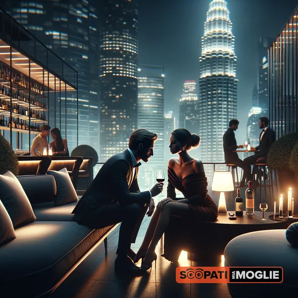 Coppia elegante seduta in un bar panoramico con vista sui grattacieli illuminati della città