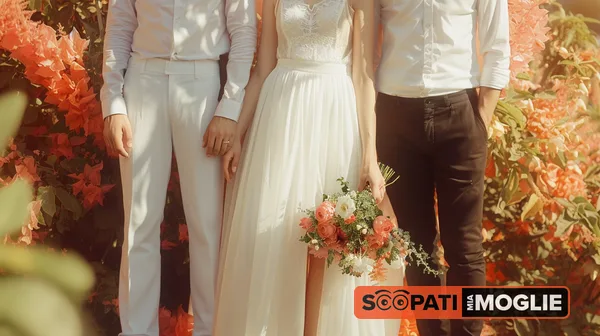 Una sposa al centro tiene un bouquet con due uomini ai lati, immersi in una luce calda tra fiori arancioni.
