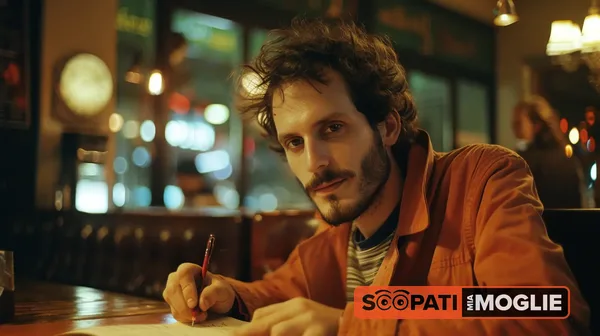 Un uomo con barba e giacca arancione siede al tavolo di un bar con luci calde, mentre scrive con una penna rossa.