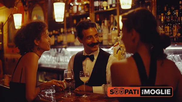 Un uomo con baffi e gilet serve da bere a due donne in un bar illuminato da luci calde.
