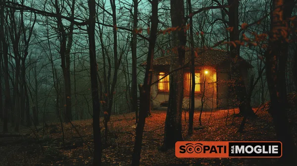 Una piccola casa isolata nel bosco fitto illumina la foresta con una calda luce arancione tra alberi spogli e nebbia