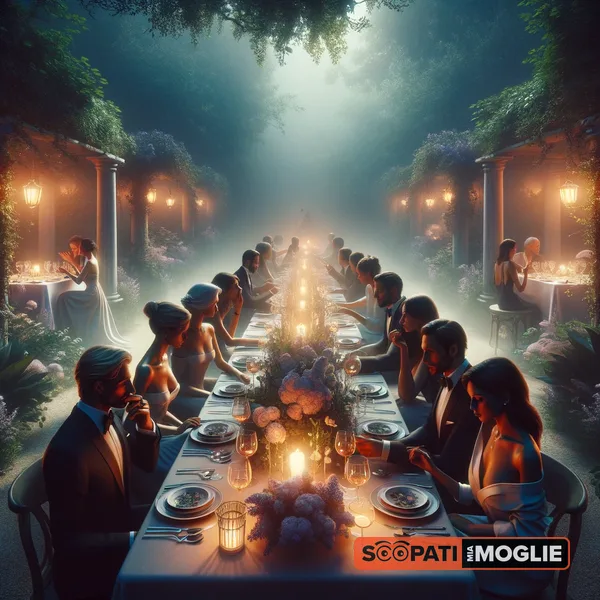 Gruppo di persone eleganti a tavola in un giardino illuminato da candele e lanterne.