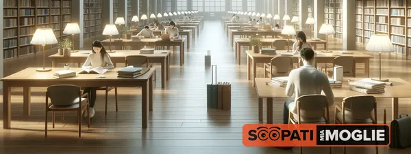 Un uomo osserva una donna che studia in biblioteca con luce calda