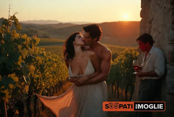 Una coppia si bacia in un vigneto al tramonto mentre un uomo osserva tenendo un bicchiere di vino.